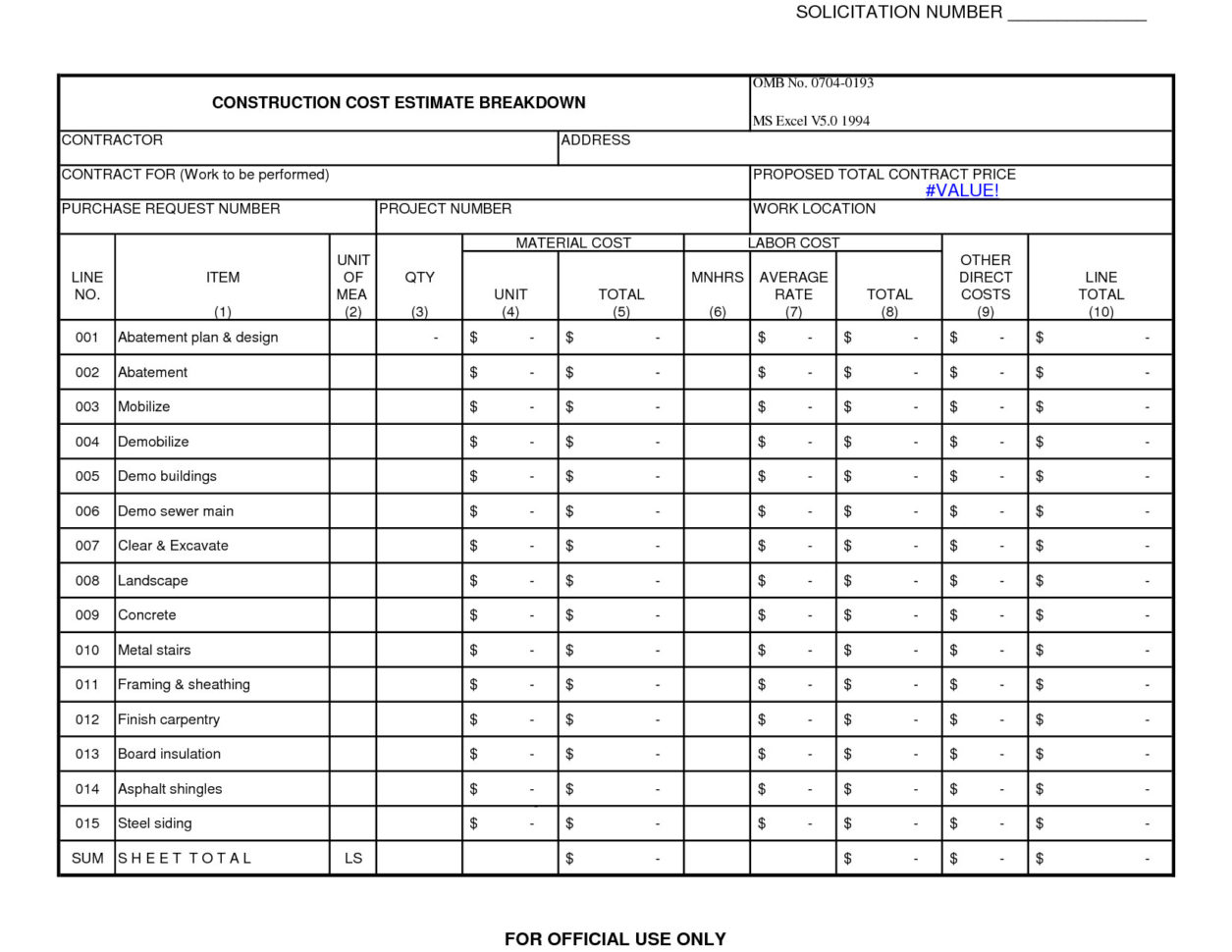 Construction Cost Estimate Breakdown Throughout Excel Construction Estimate Template Download Free