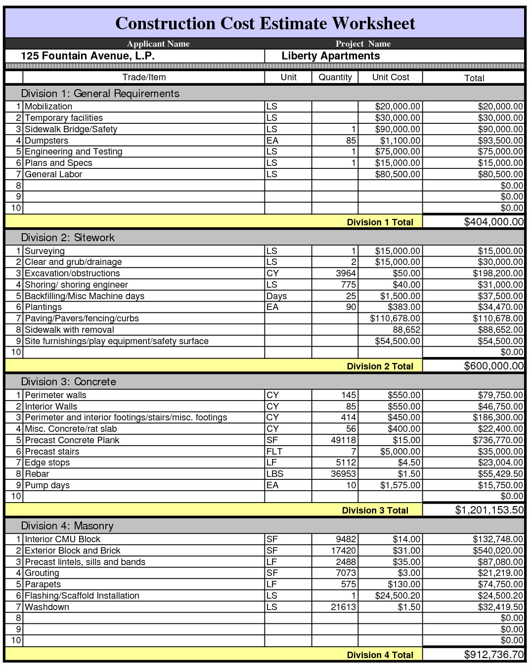 Construction Cost Estimate Worksheet And Construction Estimating Spreadsheets