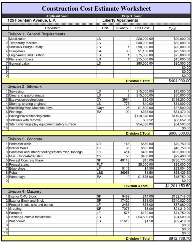 Construction Cost Estimate Worksheet1 With Construction Cost For Residential Construction Estimate Spreadsheet
