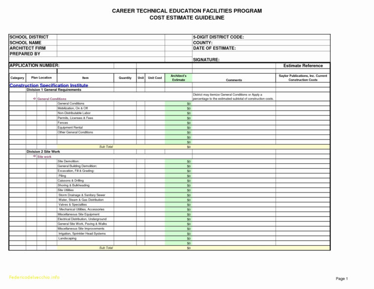 Construction Cost Spreadsheet Analysis Template For Estimate Luxury ...