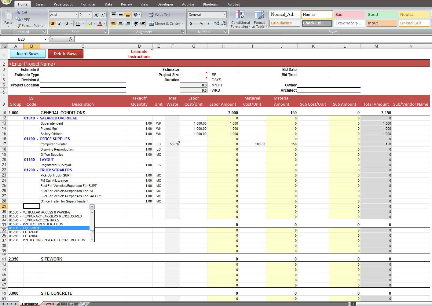 Construction Estimate Template Excel Example #3003 - Searchexecutive Within Construction Estimate Form Excel