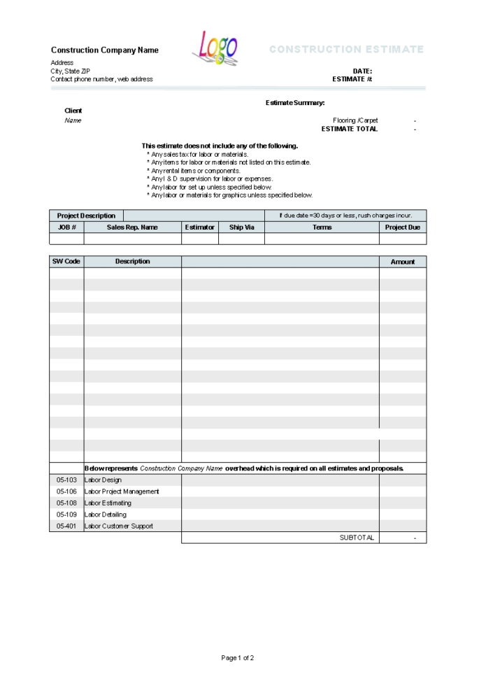  Cost Estimate Template Word Db excel