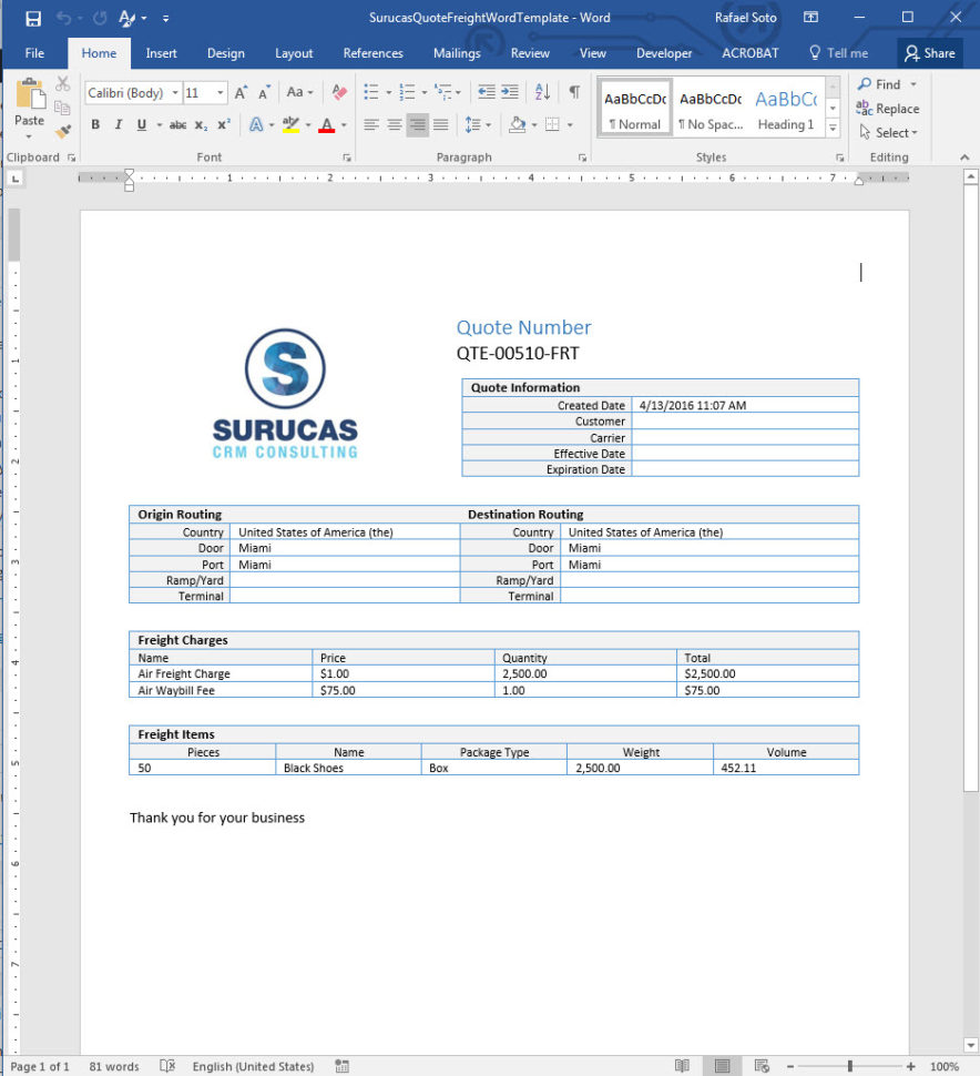 Creating Freight Quote Templates In Word   Surucas In Dynamics Crm Excel Templates