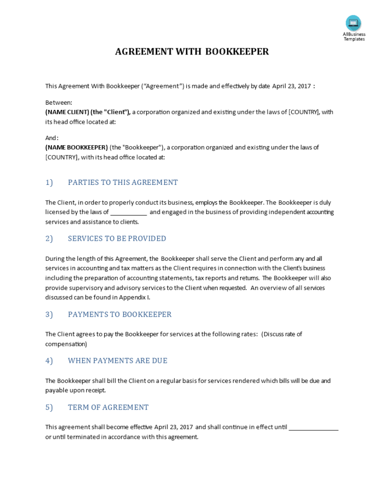 高级Agreement With Bookkeeper | 样本文件在Allbusinesstemplates And Bookkeeping Agreement Template