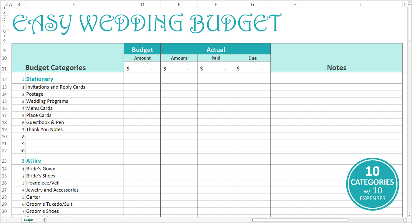 Easy Wedding Budget - Excel Template - Savvy Spreadsheets For Sample Wedding Budget Spreadsheet