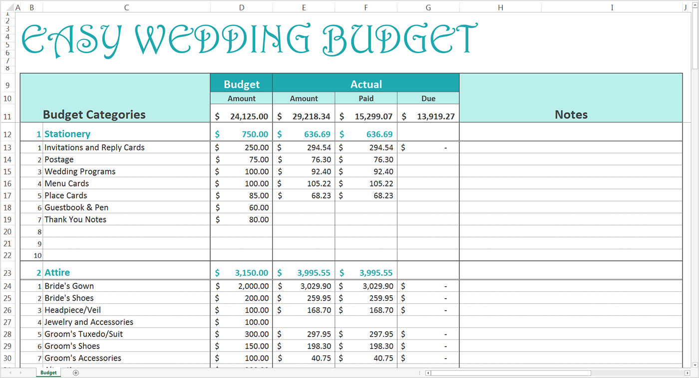 Easy Wedding Budget - Excel Template - Savvy Spreadsheets Intended For Budget Spreadsheet Template Free