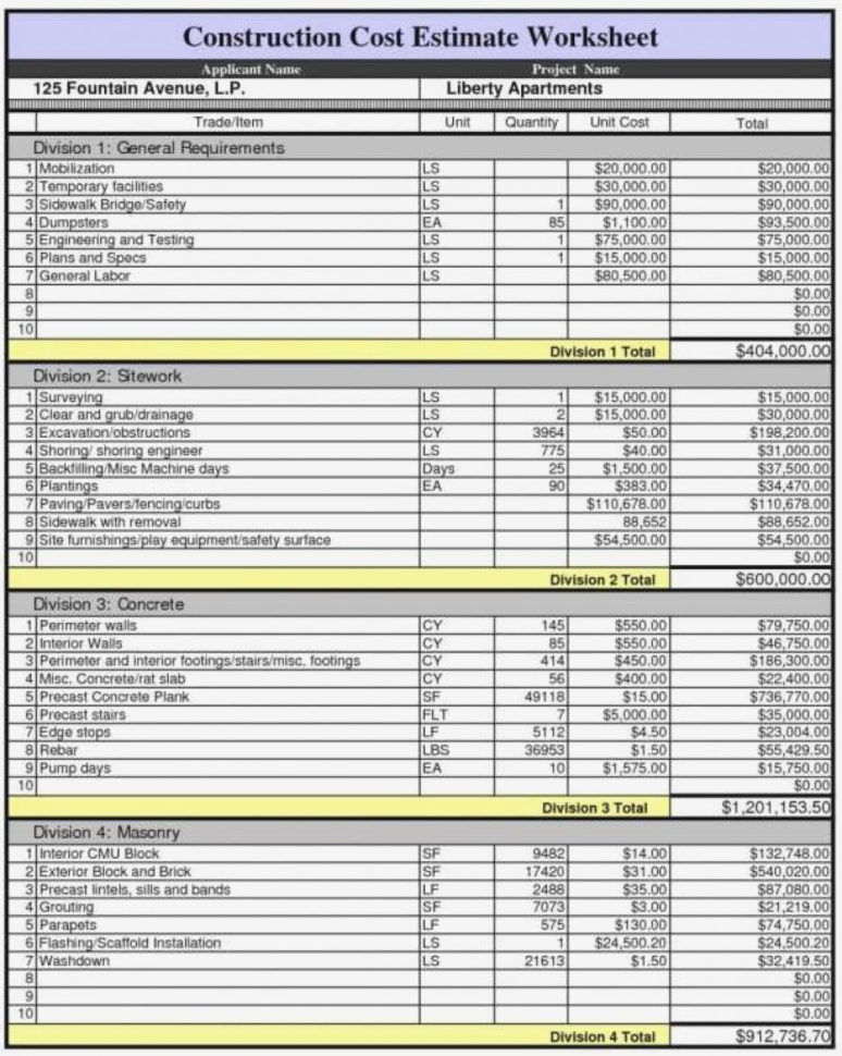 Estimate Spreadsheet Template Building Construction Inzare And Construction Estimating Spreadsheet Template