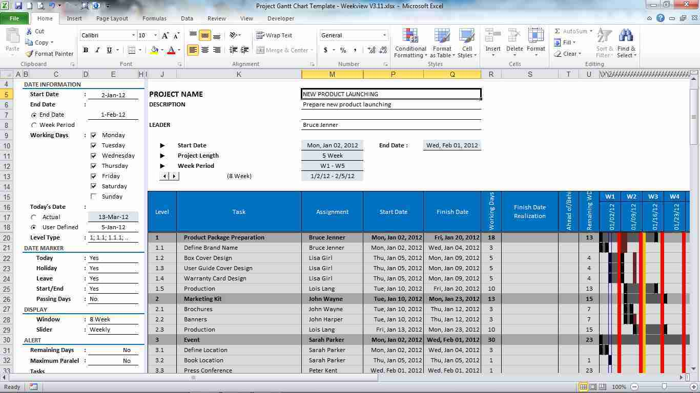 Excel Project Gantt Chart Template Free Management Tracking intended for Project Management Templates Mac