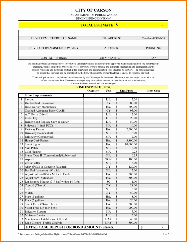 Excel Spreadsheet For Construction Estimating For Template Download Within Excel Construction Estimate Template Download Free