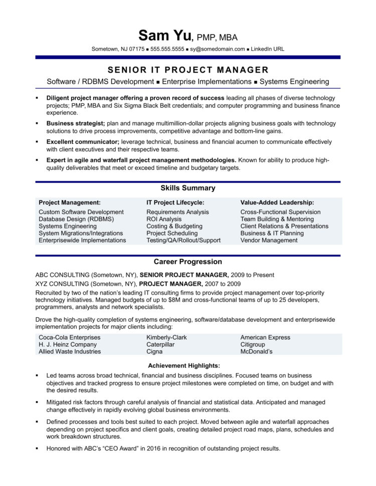 Experienced It Project Manager Resume Sample | Monster In Project Management Resume Templates Experienced It Project Manager Resume Sample | Monster In Project Management Resume Templates