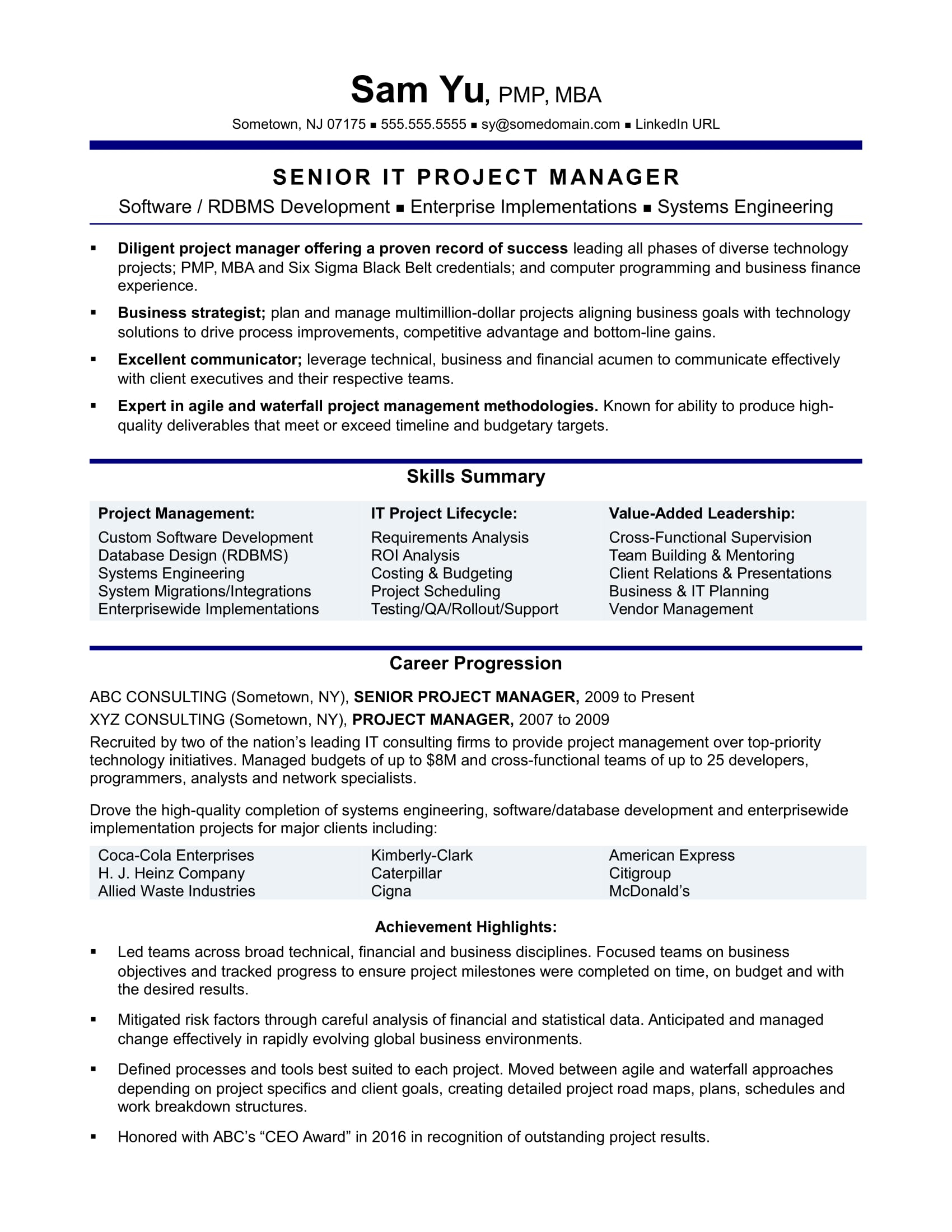 Experienced It Project Manager Resume Sample | Monster In Project Management Resume Templates