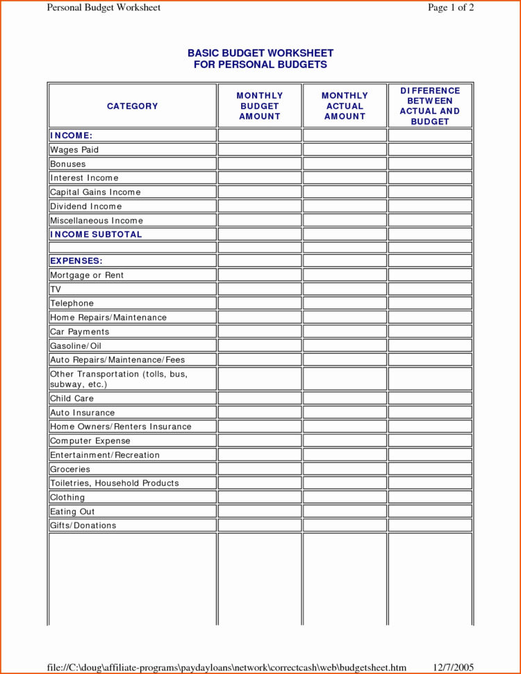 Financial Budget Form   Resourcesaver With Personal Financial Budget Template