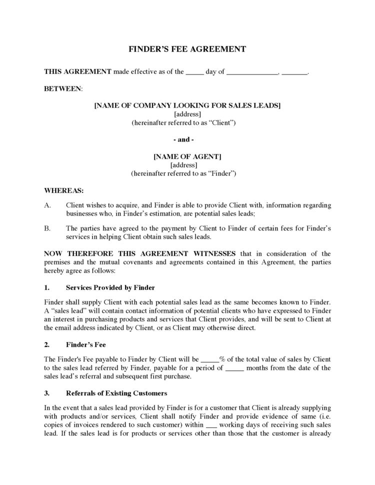 Finder's Fee Agreement For Sales Leads | Legal Forms And Business For Sales Lead Template Forms