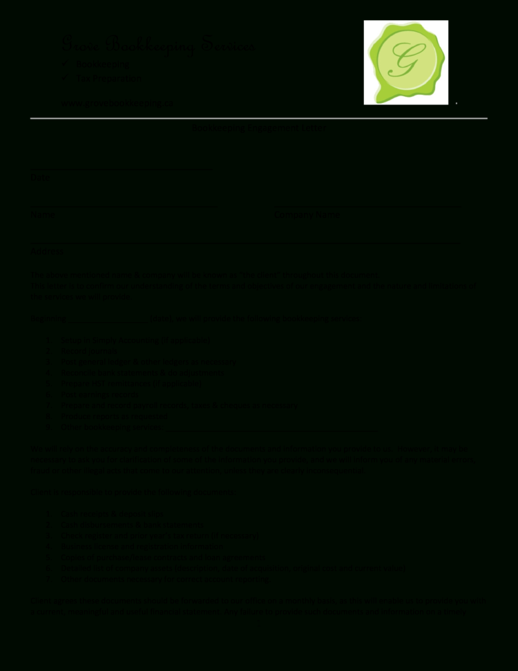 Free Bookkeeping Engagement Letter | Templates At To Monthly Bookkeeping Record Template