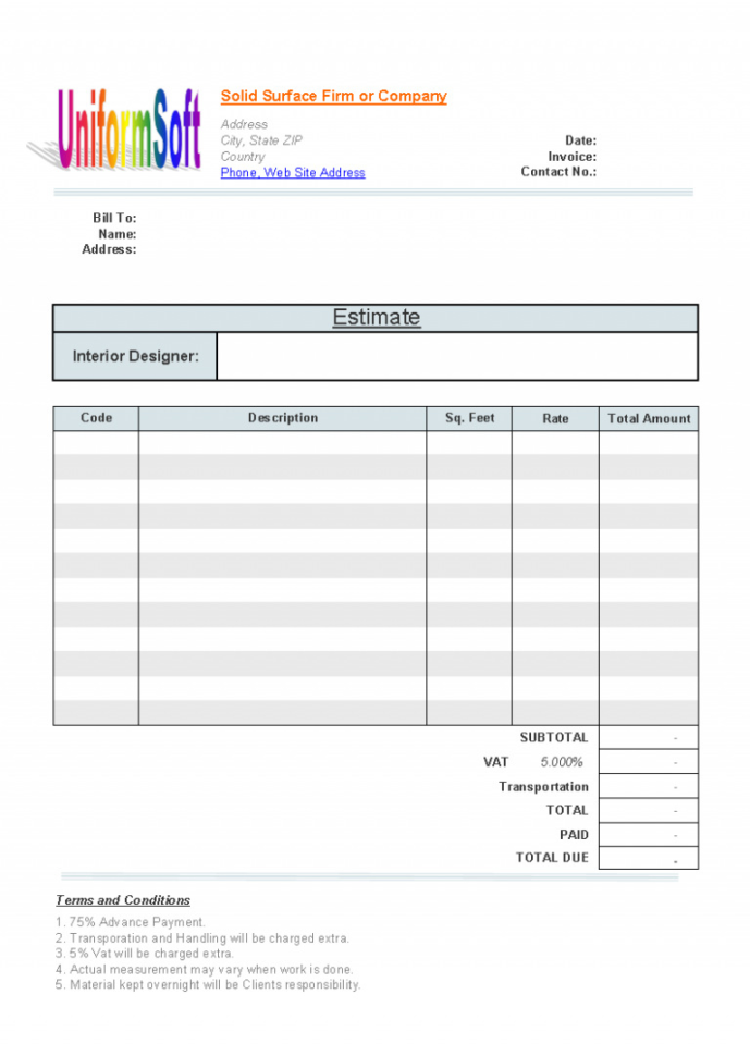 Free Construction Estimate Forms Downloads Sample – Interframe Media And Construction Estimating Forms Template