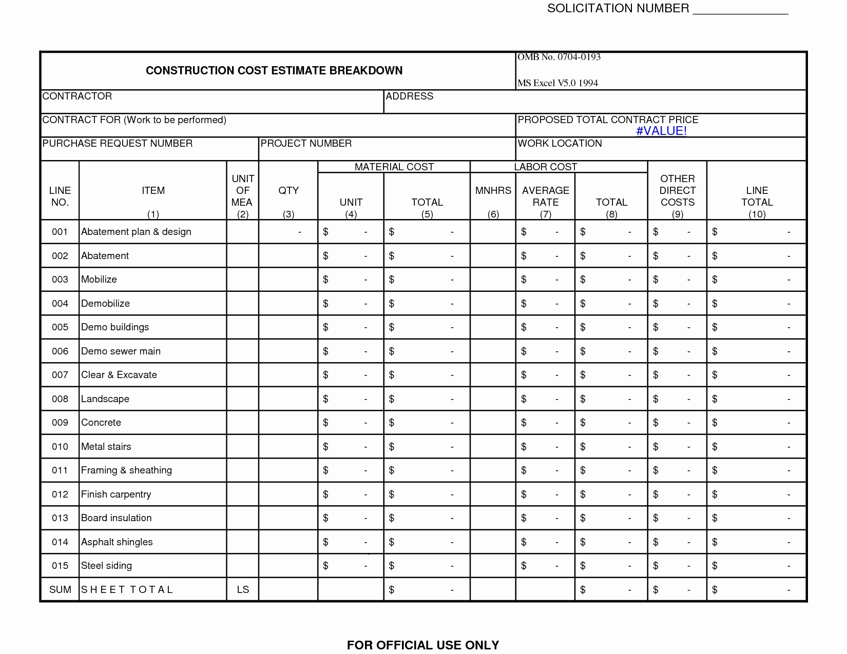 Free Construction Estimate Template Excel Unique Cost Estimate Form For Construction Estimating Forms Template