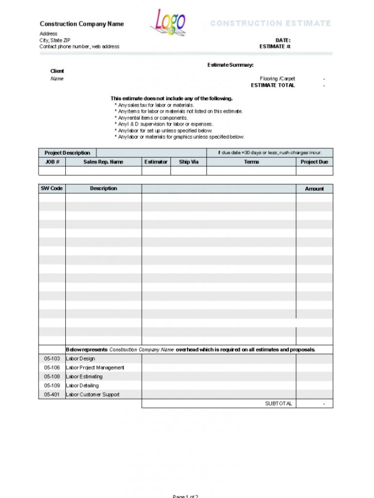 Free Construction Job Estimate Template Archives   Parttime Jobs With Construction Job Estimate Template Free