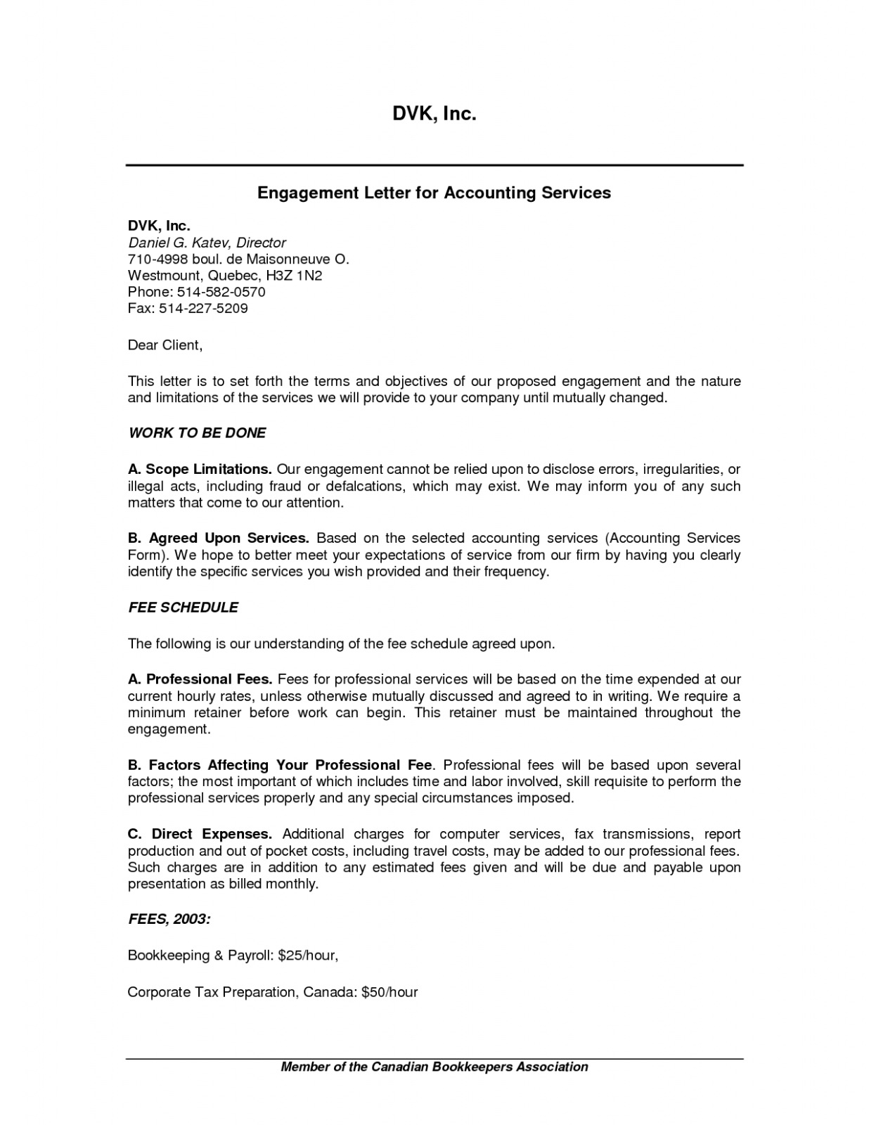 Free Download Sample 17 Bookkeeping Engagement Letter Template in Bookkeeping Contract Template Canada