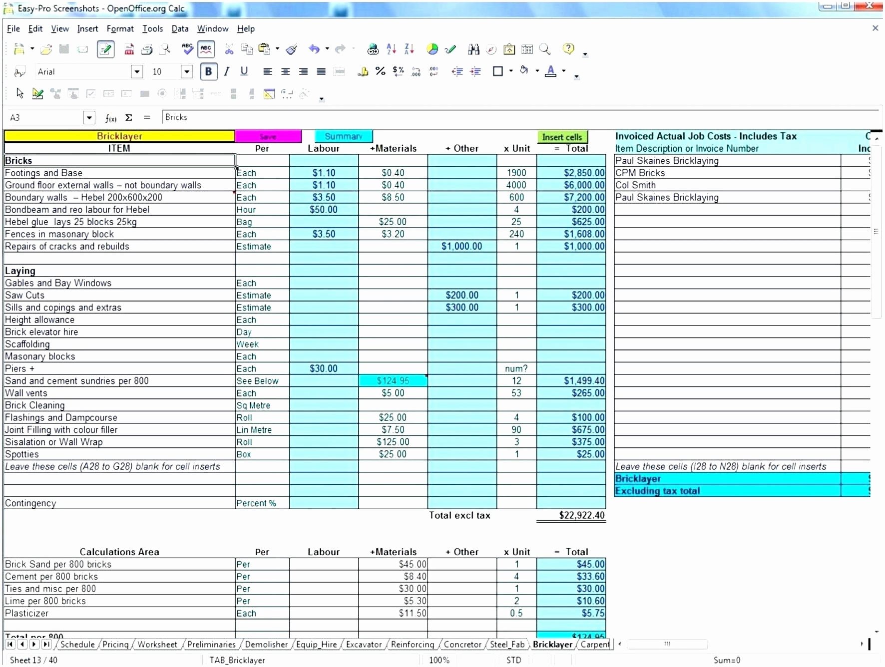 Home building estimate spreadsheet