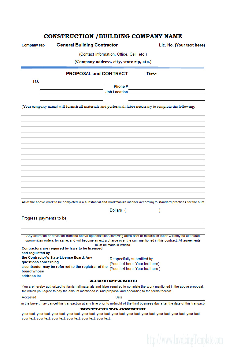 Free Excel Proposal Template for Construction Bid Form Excel