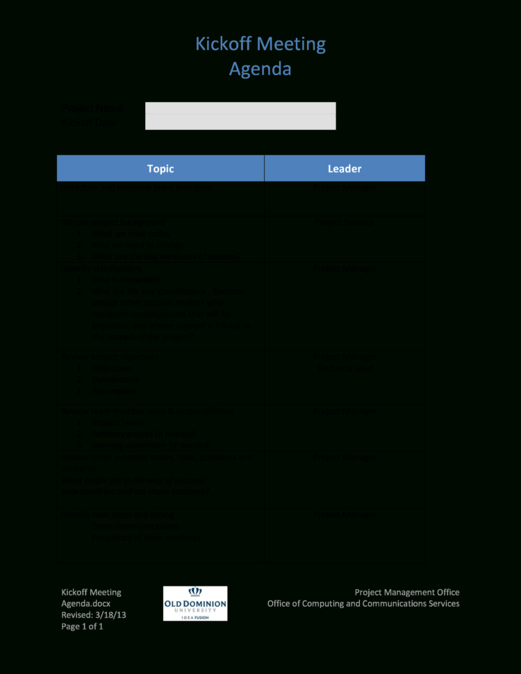 Kick Off Meeting Agenda Template