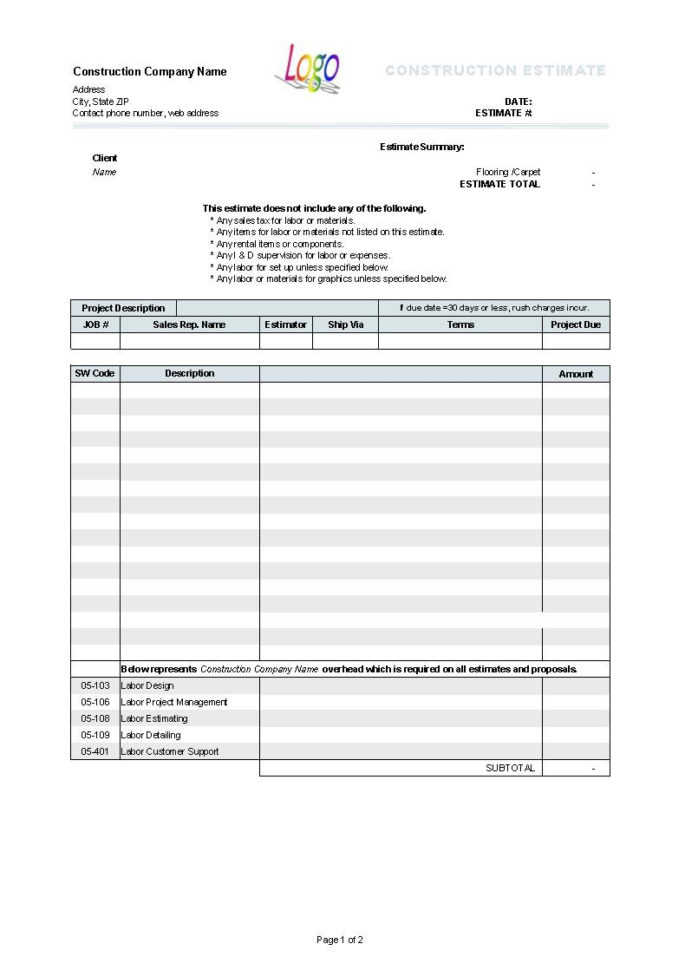 Free Printable Construction Estimate Template #2907   Searchexecutive In Construction Estimate Proposal Template