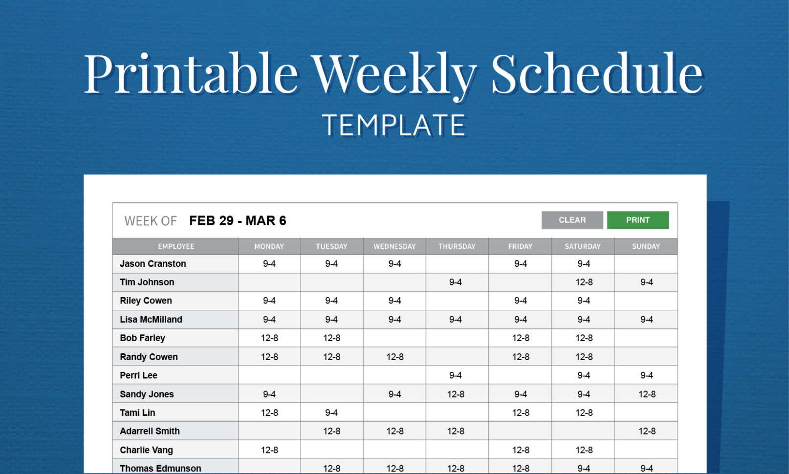 Free Printable Weekly Work Schedule Template For Employee Scheduling In Employee Work Schedule Spreadsheet