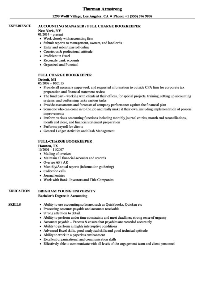 Full Charge Bookkeeper Resume Samples | Velvet Jobs With Bookkeeper Resume Sample Summary