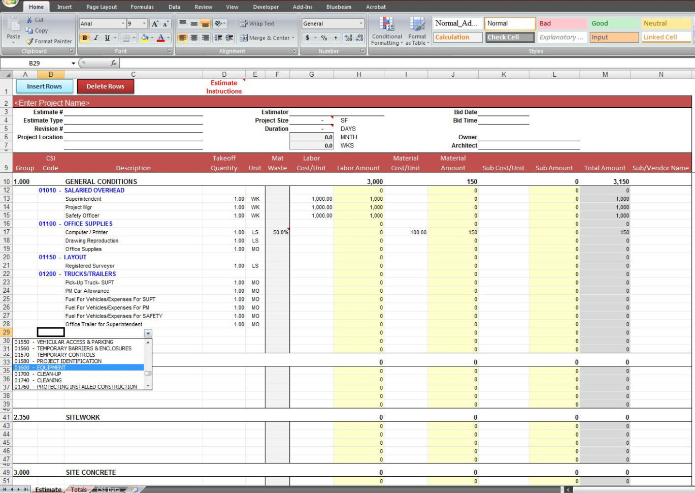 General Construction Estimate Template | Cost Construction Sheet To Construction Estimate Format
