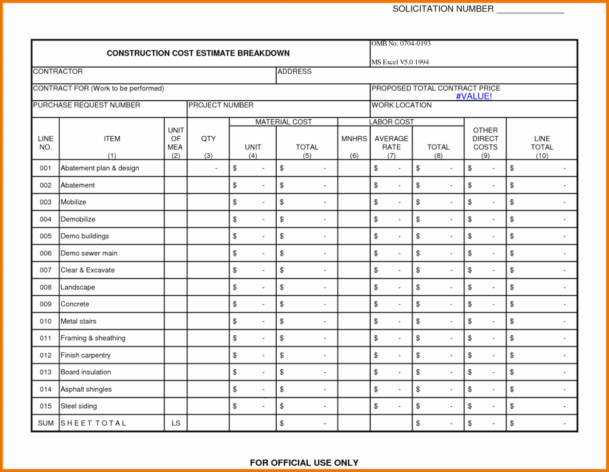 Home Remodel Cost Spreadsheet Awesome Construction Construction Cost And Construction Cost Estimate Form