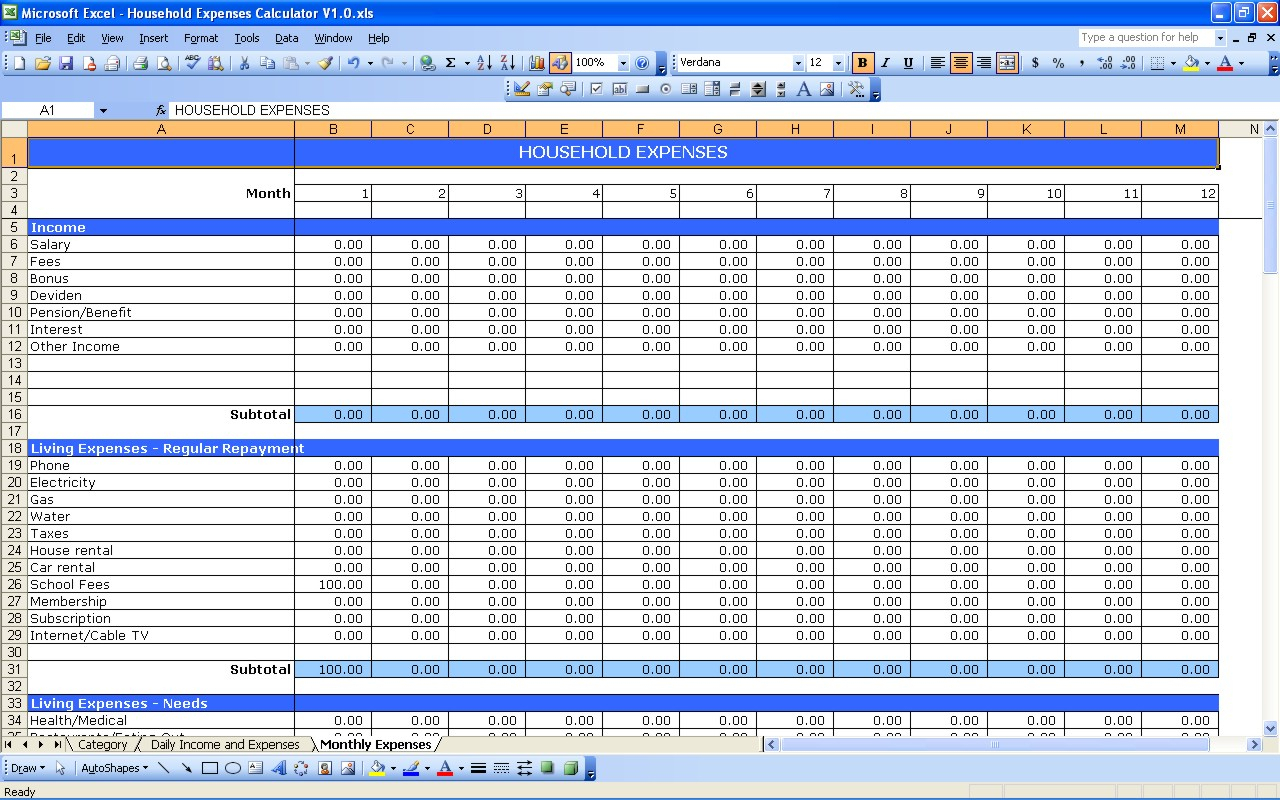 monthly expenses excel spreadsheet template