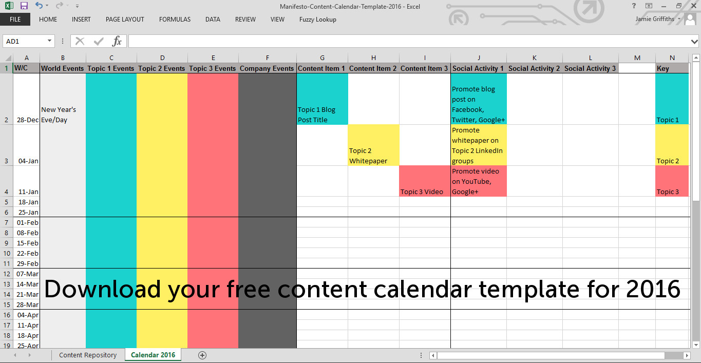 How To Make A Content Calendar - 2016 Template - Manifesto to Marketing Calendar Template Free
