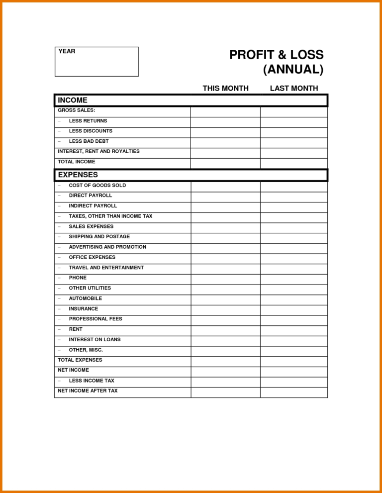 Income Statement Worksheet Small Business Profit And Loss Template Within Income Statement