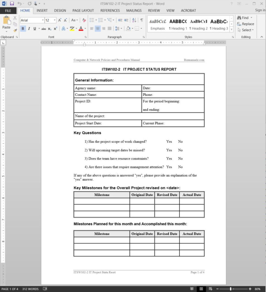 It Project Status Report Template And Project Management Reporting Templates For Status