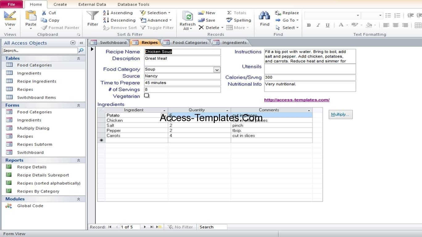 Microsoft Access Food Recipe Database Templates Example | Access Throughout Excel Database Template Download