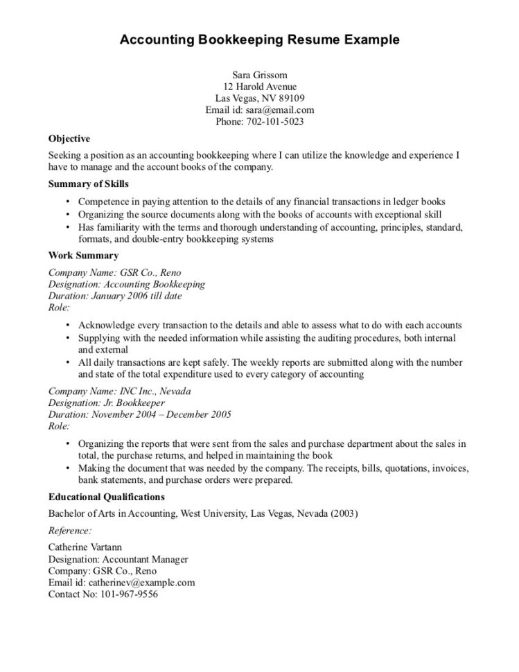Objective Of Seeking A Position As An Accounting Bookkeeping With Intended For Bookkeeping Resume Template