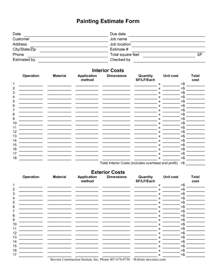 Painting Estimate Form Sample | Painting Estimate Sheet Templates With Residential Construction Bid Form