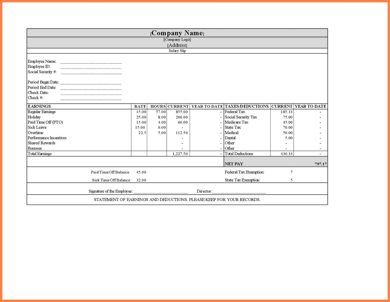 Payslip Template Download #50D1C27B0C50   Proshredelite With Salary Statement Format In Excel