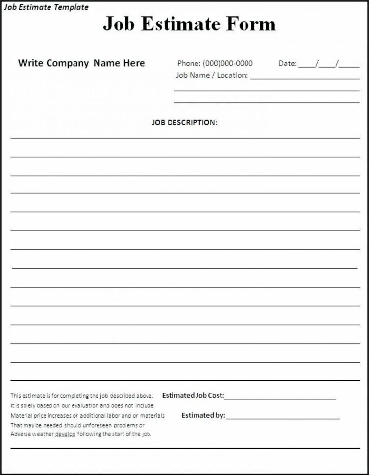 Printable Contractor Bid Forms Blank Job Estimate Form Template With With Construction Estimating Forms Template