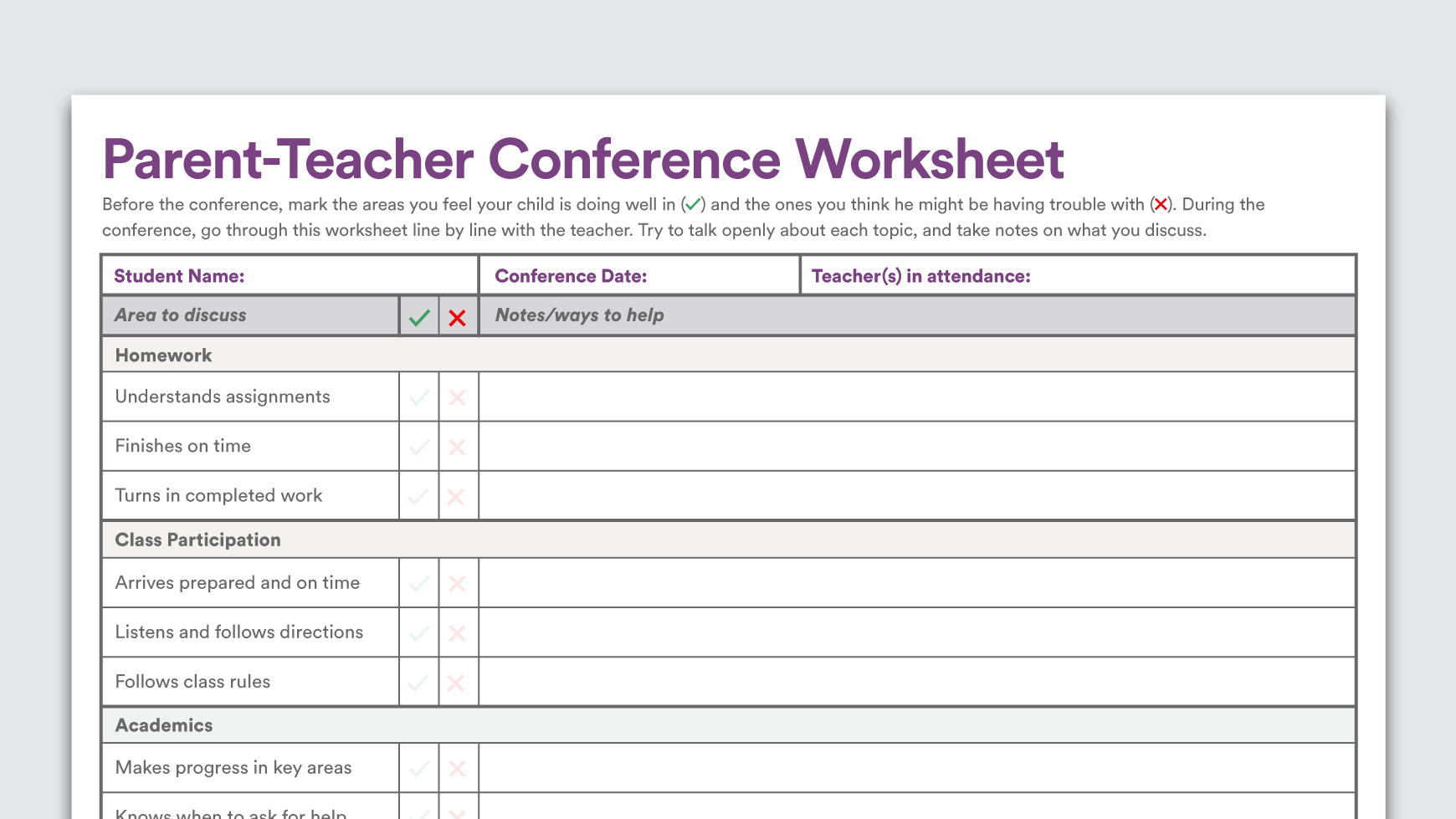 Printable Parent-Teacher Conference Worksheet in Teacher Printable Templates