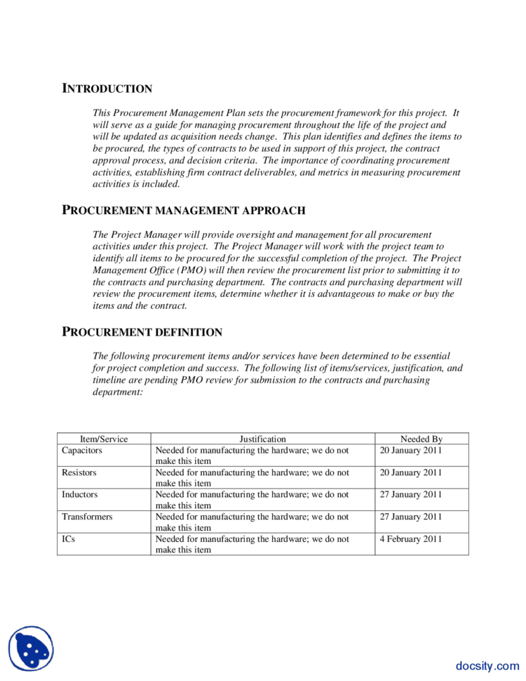 Procurement Management Plan Example Engineering Project Management And Project Management Plan Templates
