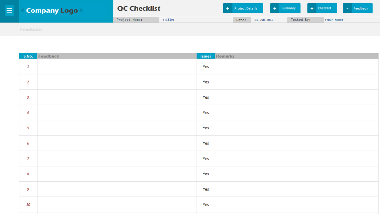 Qc Checklist - Excel Project Management Templates Within Project Management Checklists Templates