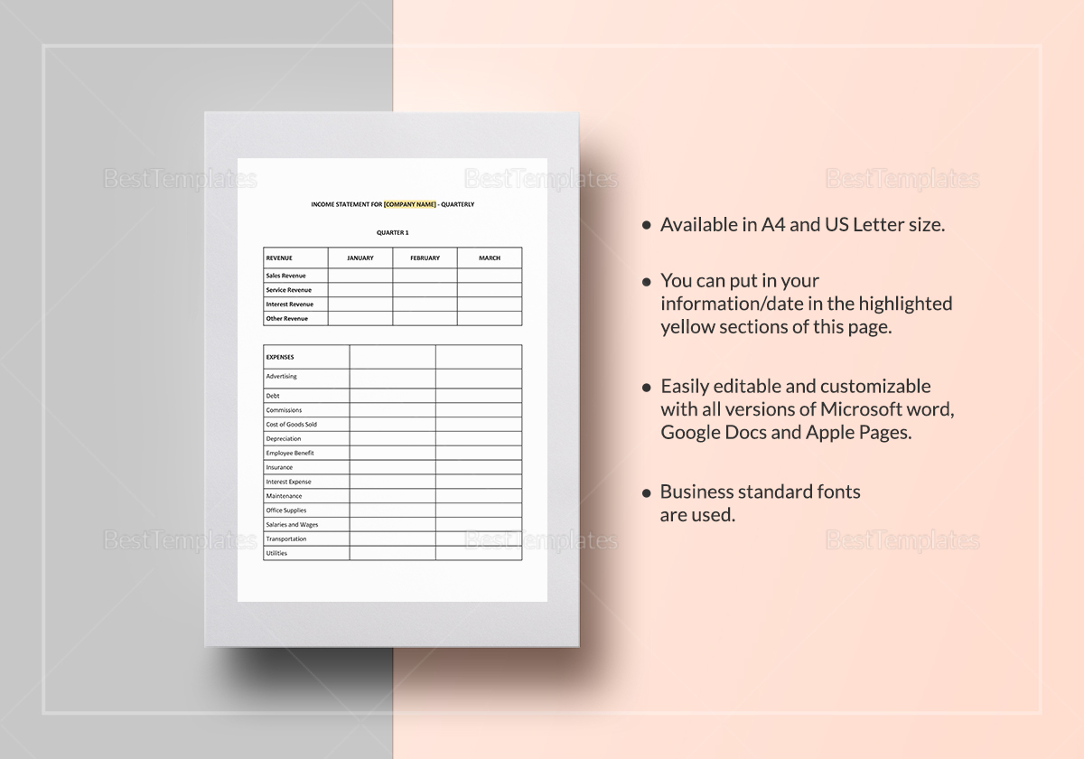 Quarterly Income Statement Template In Word, Google Docs, Apple Pages in Quarterly Income Statement Template