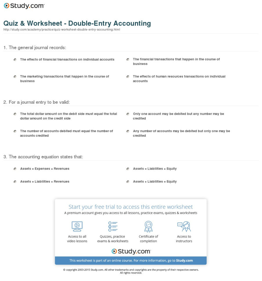 Quiz & Worksheet   Double Entry Accounting | Study Inside Accounting Practice Worksheet