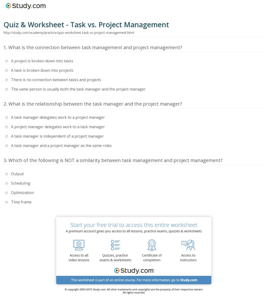 Quiz Worksheet Task Vs Project Management Study Within Project 