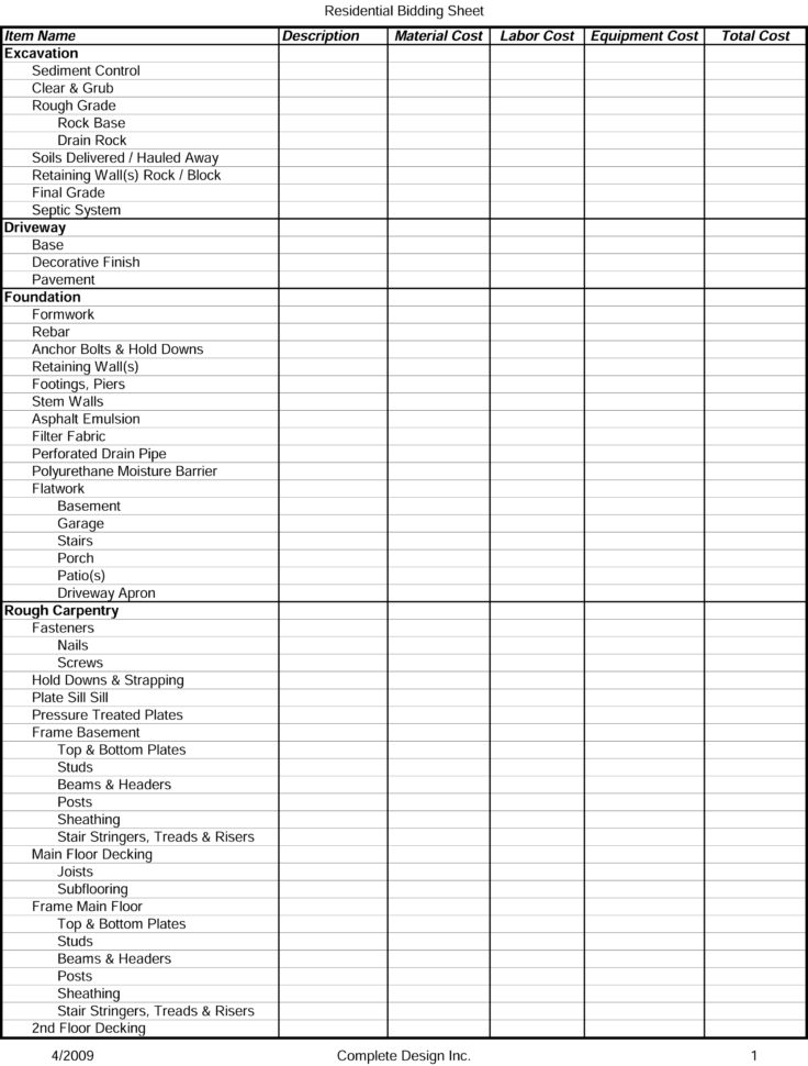 Residential Bidding Sheet Detailed 1 Intended For Residential inside