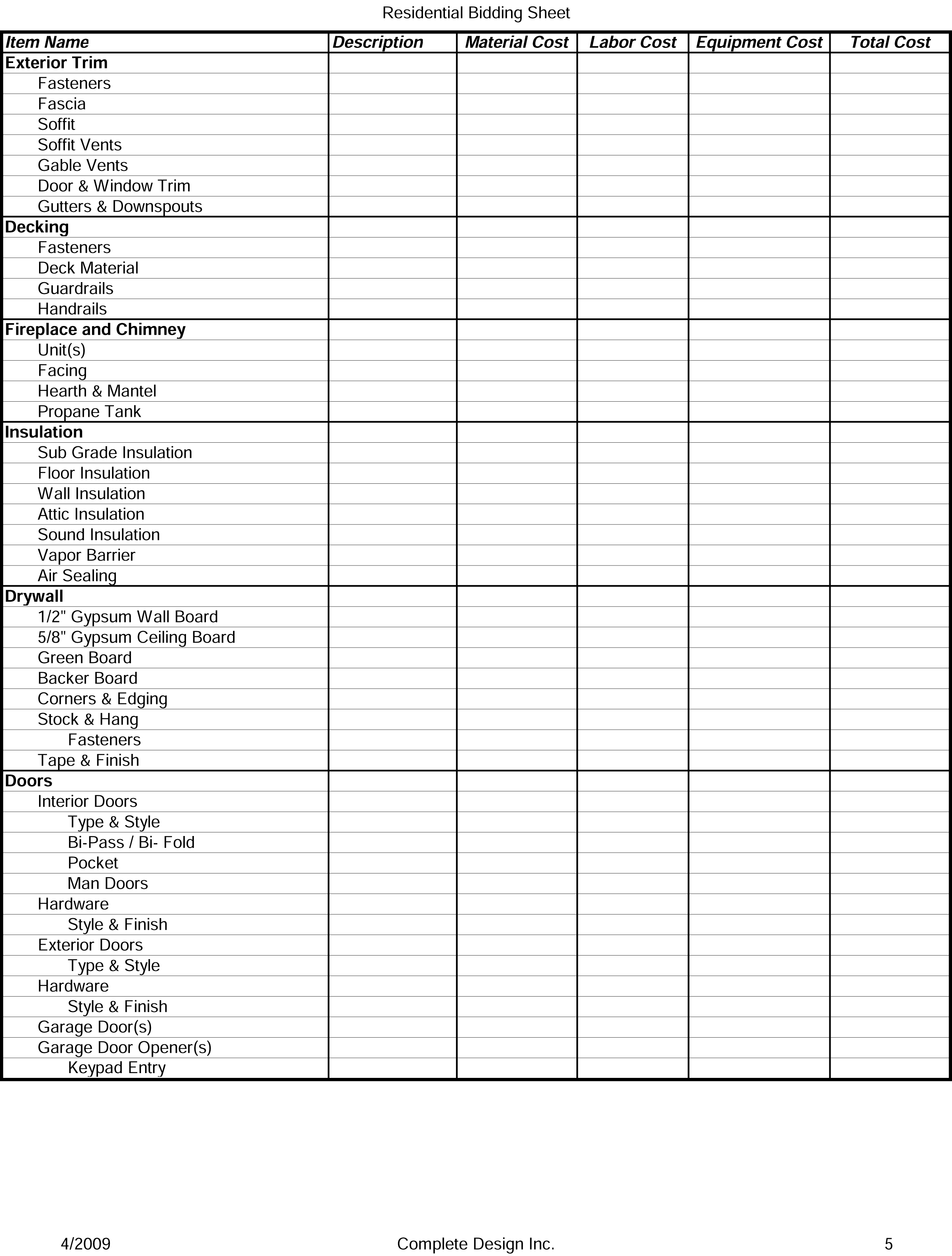 Printable Residential Bidding Sheet Detailed Construction Bid Checklist 