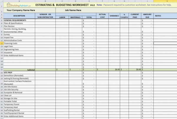 Residential Construction Estimating Spreadsheets In Excel Cos On in ...