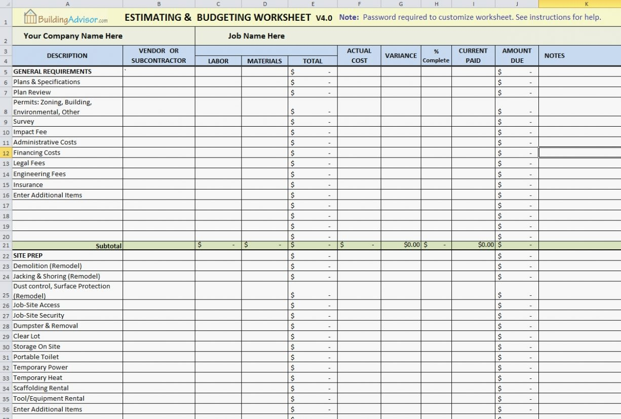 Residential Construction Estimating Spreadsheets In Excel Cos On In Residential Construction Estimate Spreadsheet