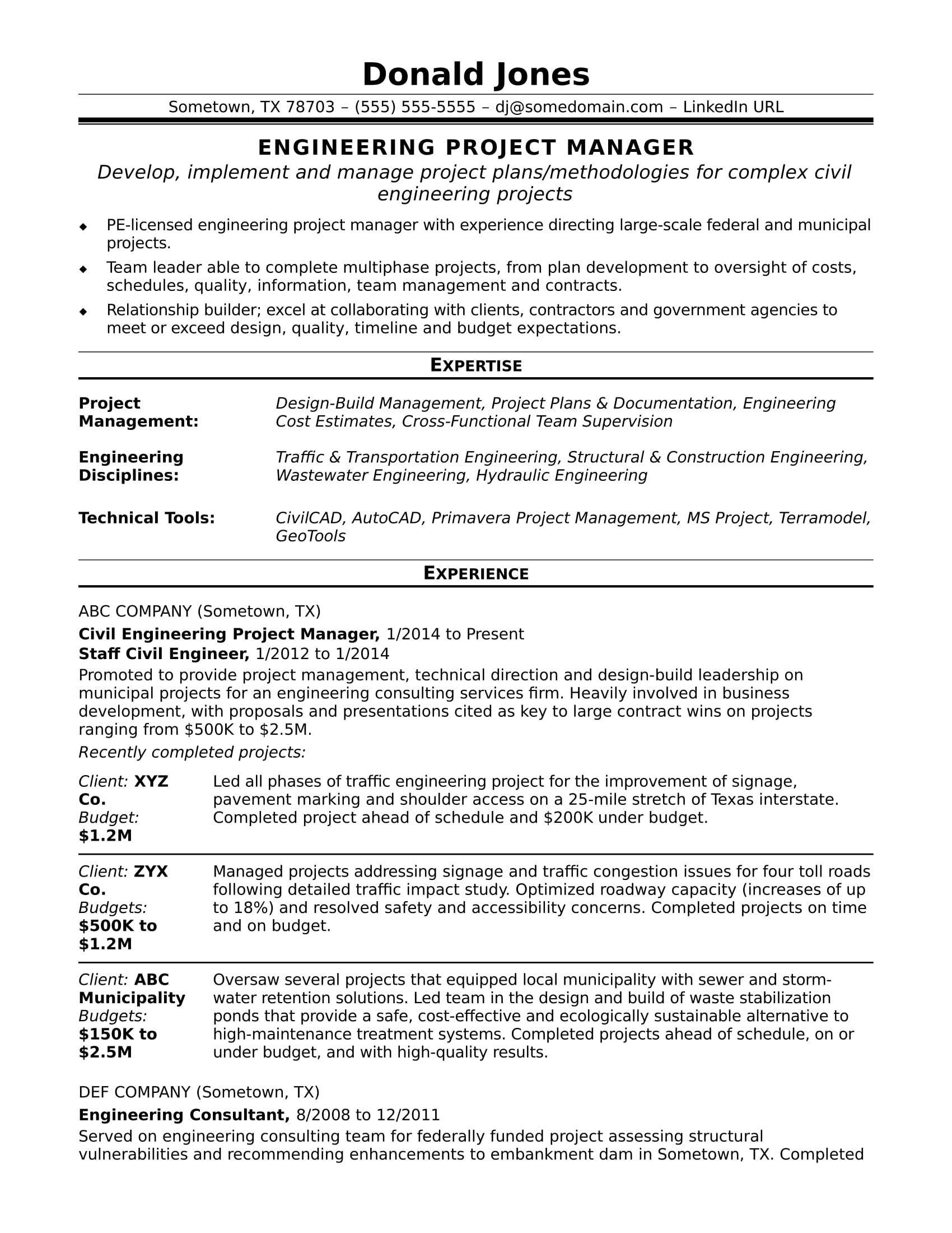 Sample Resume For A Midlevel Engineering Project Manager | Monster Throughout Project Management Contracts Templates